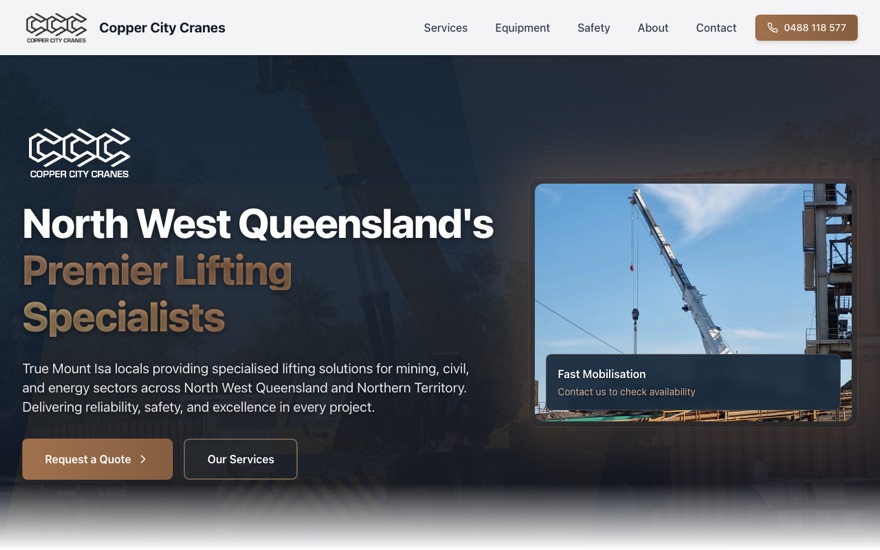 Copper City Cranes website, built by Tech Horizon Labs