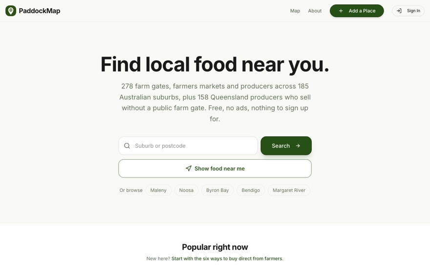 PaddockMap, the Australian local food map, built by Tech Horizon Labs
